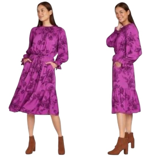 A New Day Dress Womens M Purple Fuchsia Floral Long Sleeve Peasant Cottagecore - Picture 1 of 9